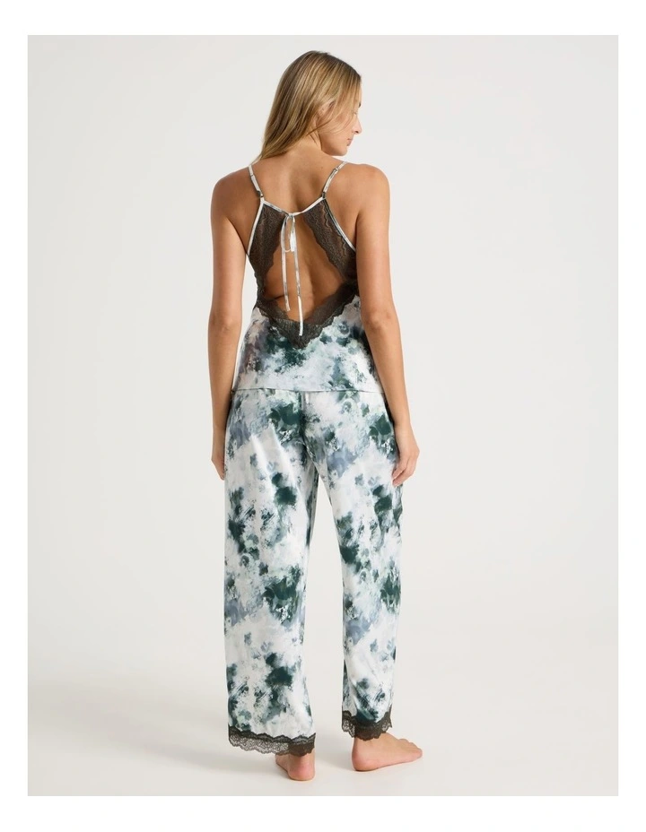 Luxe Satin Lace Bodice Cami Pant PJ Set in Olive Cloud Print image 5