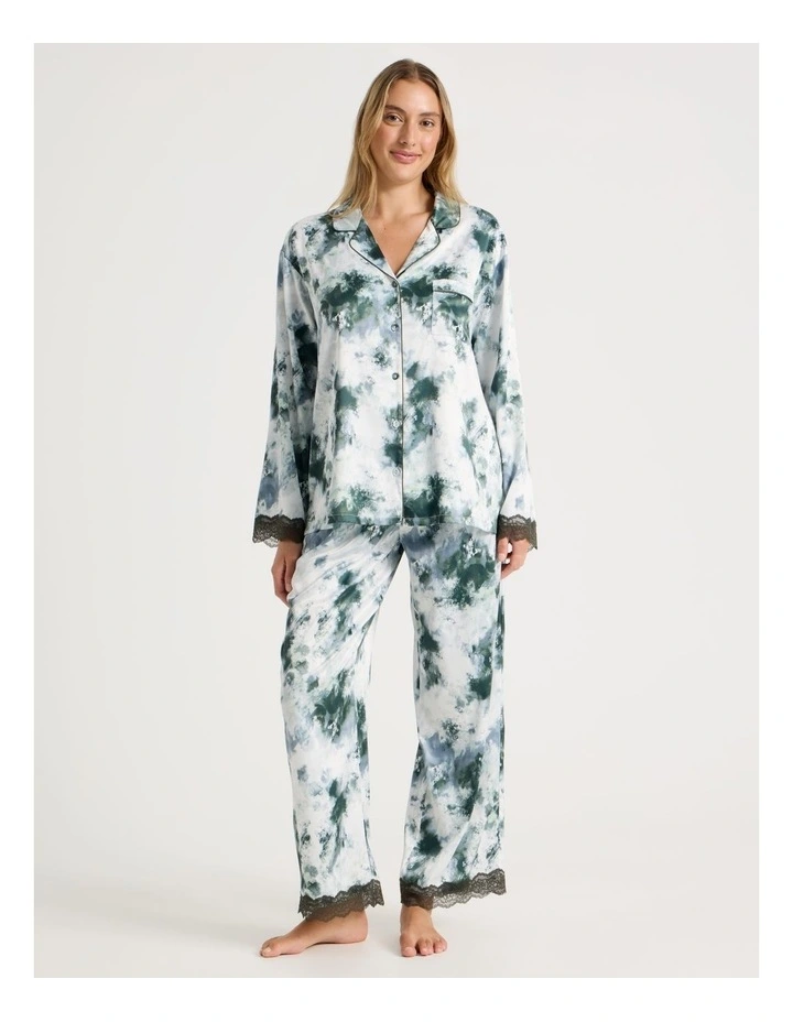 Luxe Satin Lace Long Sleeve Long PJ Set in Olive Cloud Print image 1