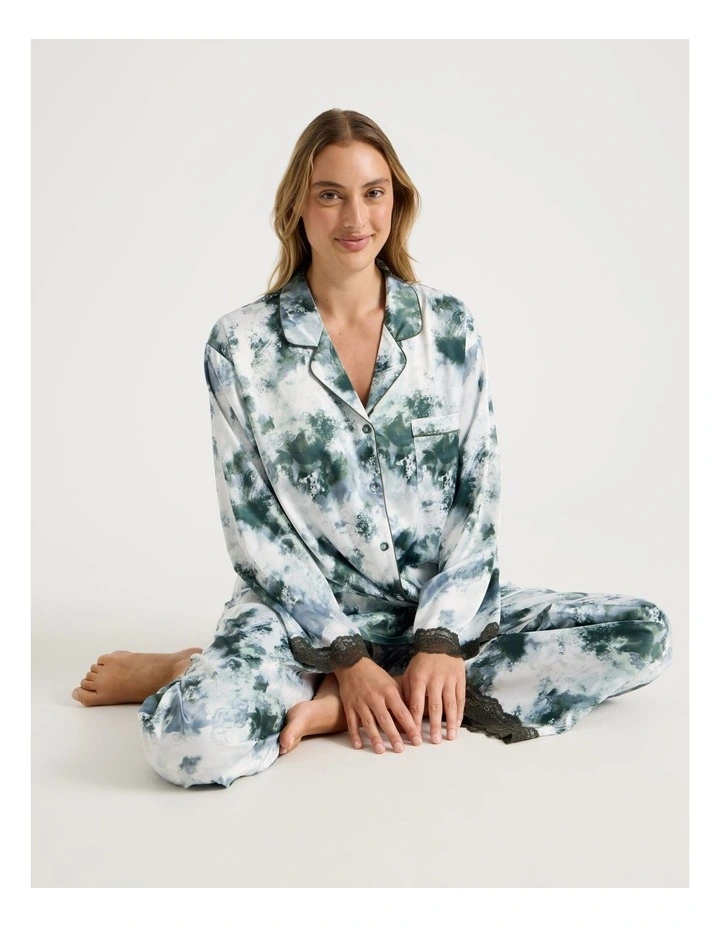 Luxe Satin Lace Long Sleeve Long PJ Set in Olive Cloud Print image 2