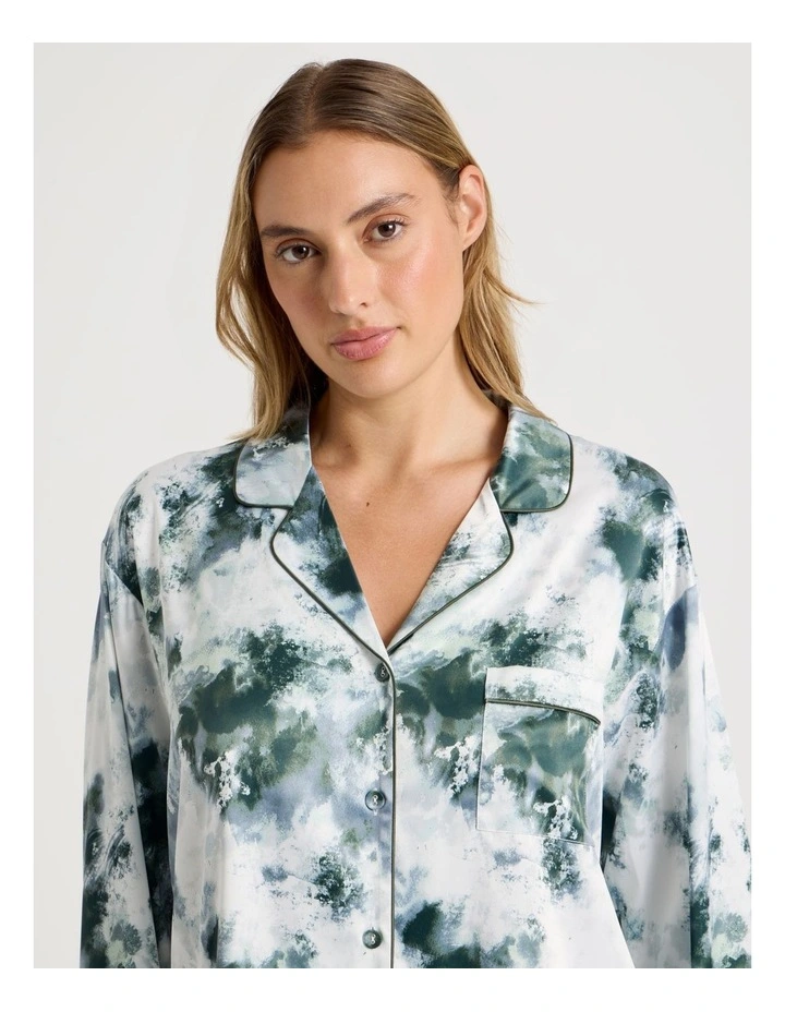 Luxe Satin Lace Long Sleeve Long PJ Set in Olive Cloud Print image 3