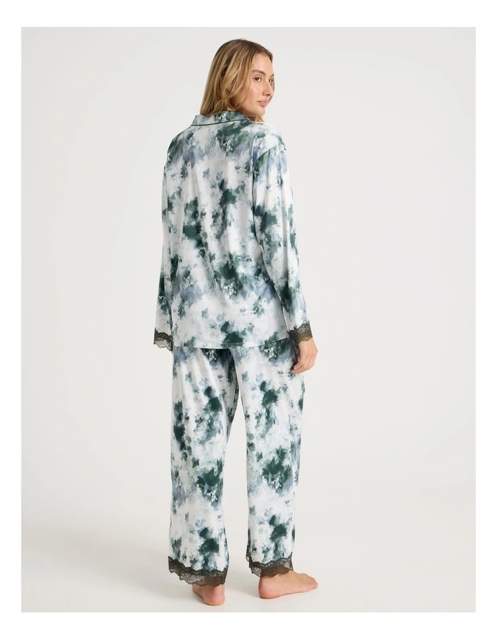 Luxe Satin Lace Long Sleeve Long PJ Set in Olive Cloud Print image 5