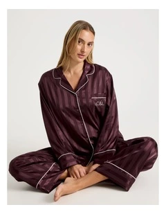 Luxe Satin Jacquard Stripe Long Sleeve Long PJ Set in Burnt Fig Jacquard