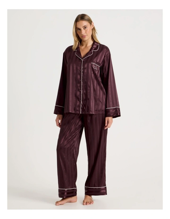 Luxe Satin Jacquard Stripe Long Sleeve Long PJ Set in Burnt Fig Jacquard image 2