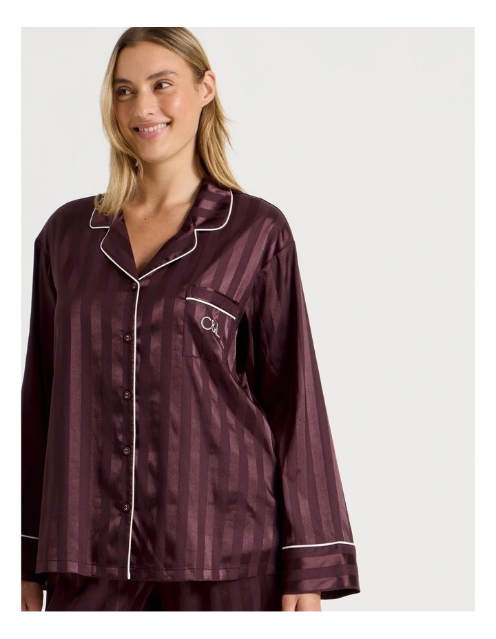 Luxe Satin Jacquard Stripe Long Sleeve Long PJ Set in Burnt Fig Jacquard image 3