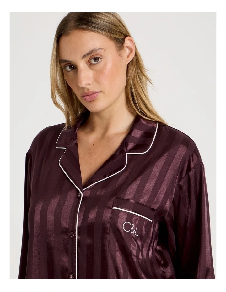 Luxe Satin Jacquard Stripe Long Sleeve Long PJ Set in Burnt Fig Jacquard image 4