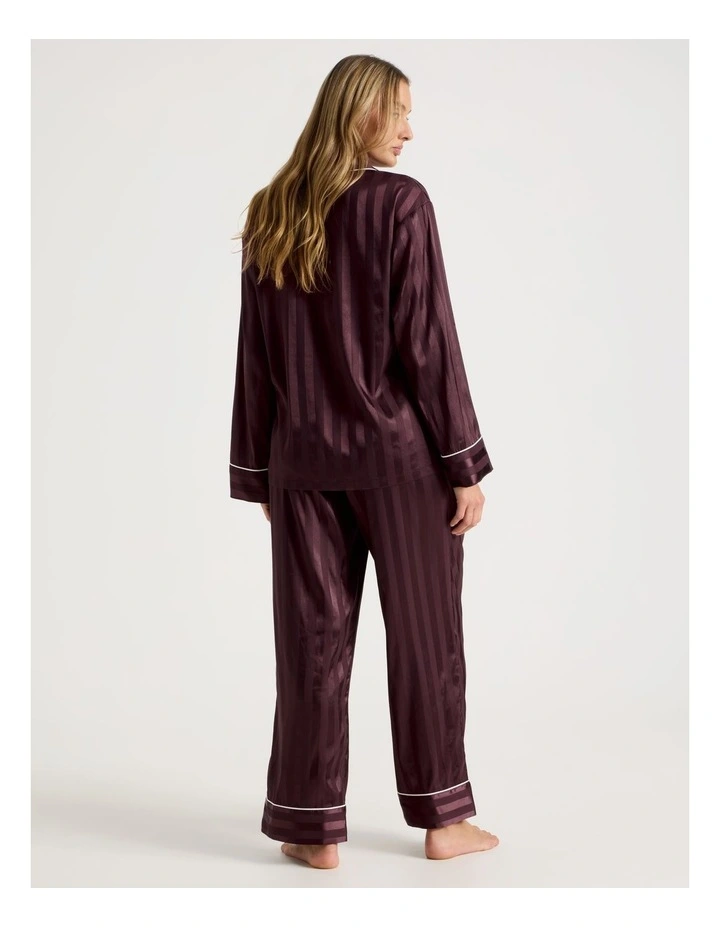 Luxe Satin Jacquard Stripe Long Sleeve Long PJ Set in Burnt Fig Jacquard image 6
