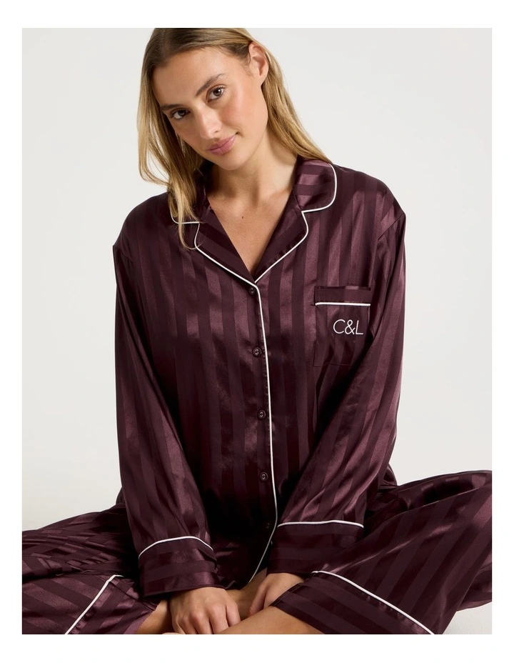 Luxe Satin Jacquard Stripe Long Sleeve Long PJ Set in Burnt Fig Jacquard image 7