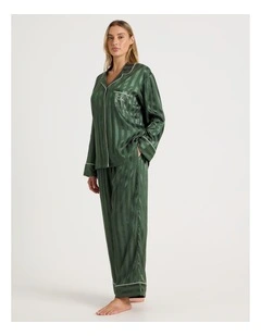 Luxe Satin Jacquard Stripe Long Sleeve Long PJ Set in Olive Jacquard