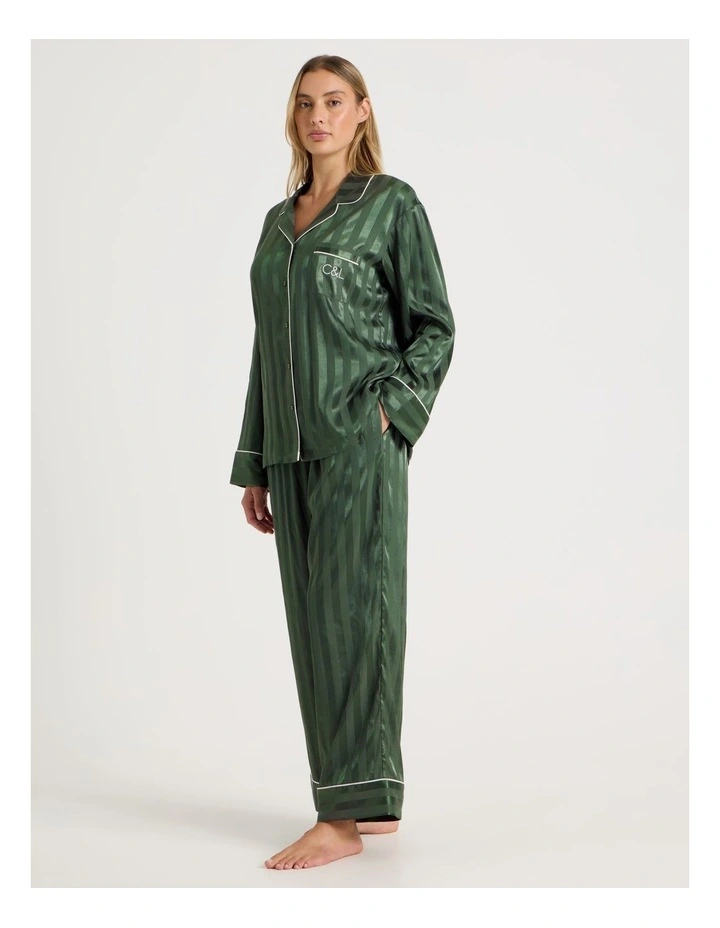 Luxe Satin Jacquard Stripe Long Sleeve Long PJ Set in Olive Jacquard image 1