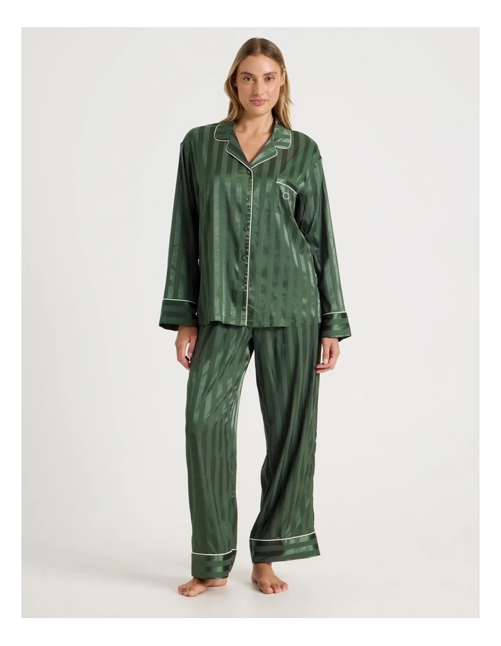 Luxe Satin Jacquard Stripe Long Sleeve Long PJ Set in Olive Jacquard image 2