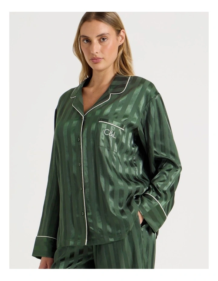 Luxe Satin Jacquard Stripe Long Sleeve Long PJ Set in Olive Jacquard image 3