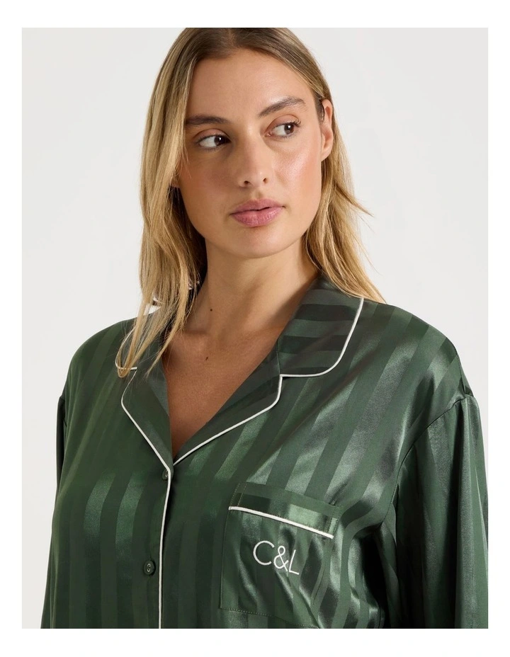 Luxe Satin Jacquard Stripe Long Sleeve Long PJ Set in Olive Jacquard image 4