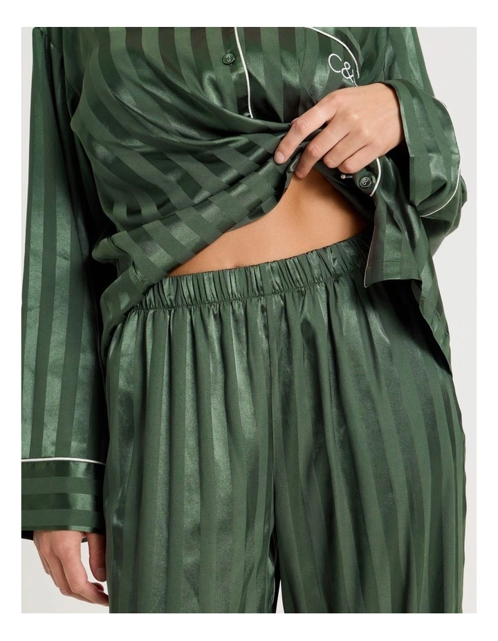 Luxe Satin Jacquard Stripe Long Sleeve Long PJ Set in Olive Jacquard image 5