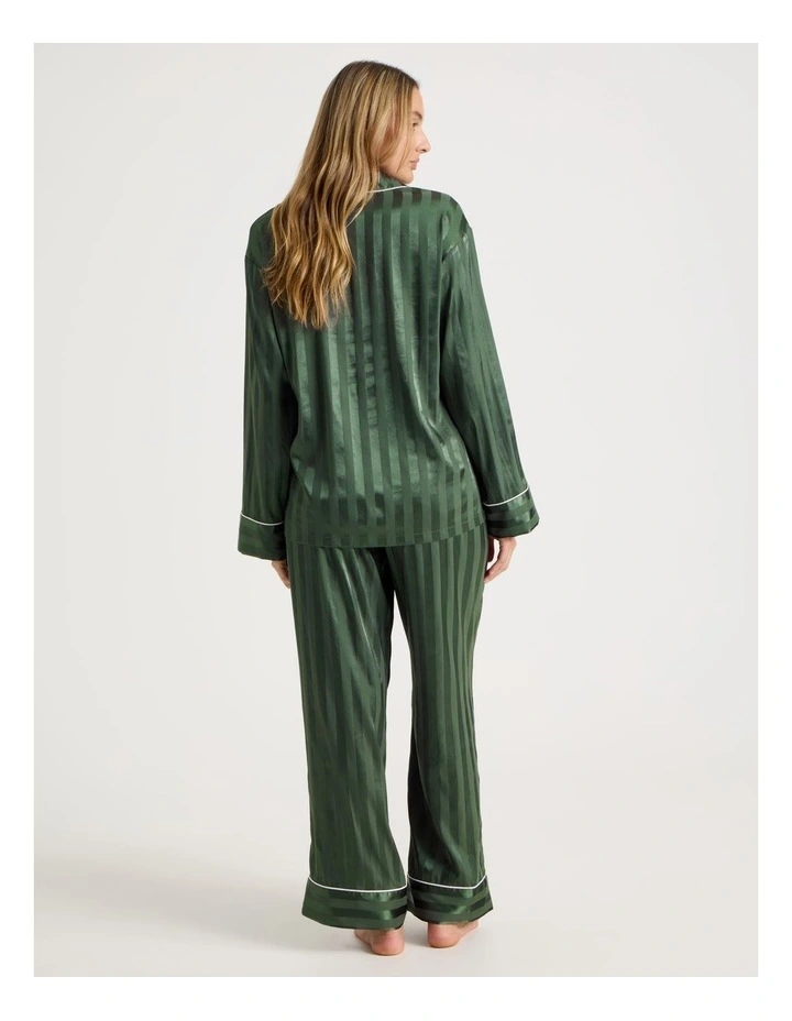 Luxe Satin Jacquard Stripe Long Sleeve Long PJ Set in Olive Jacquard image 6