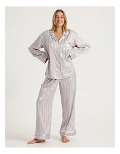 Luxe Satin Jacquard Stripe Long Sleeve Long PJ Set in Oyster