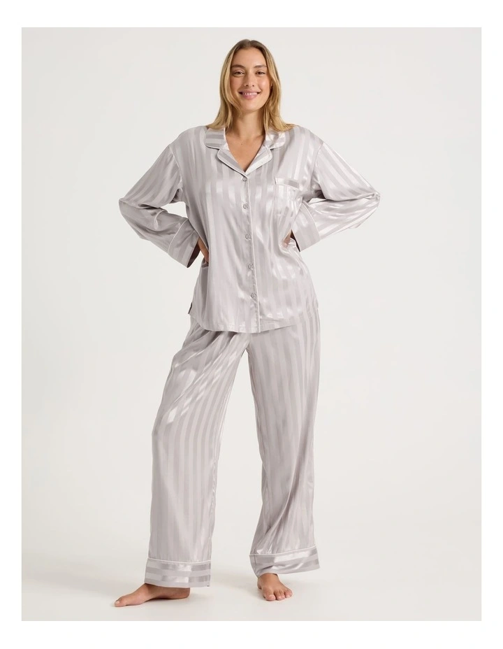 Luxe Satin Jacquard Stripe Long Sleeve Long PJ Set in Oyster image 1