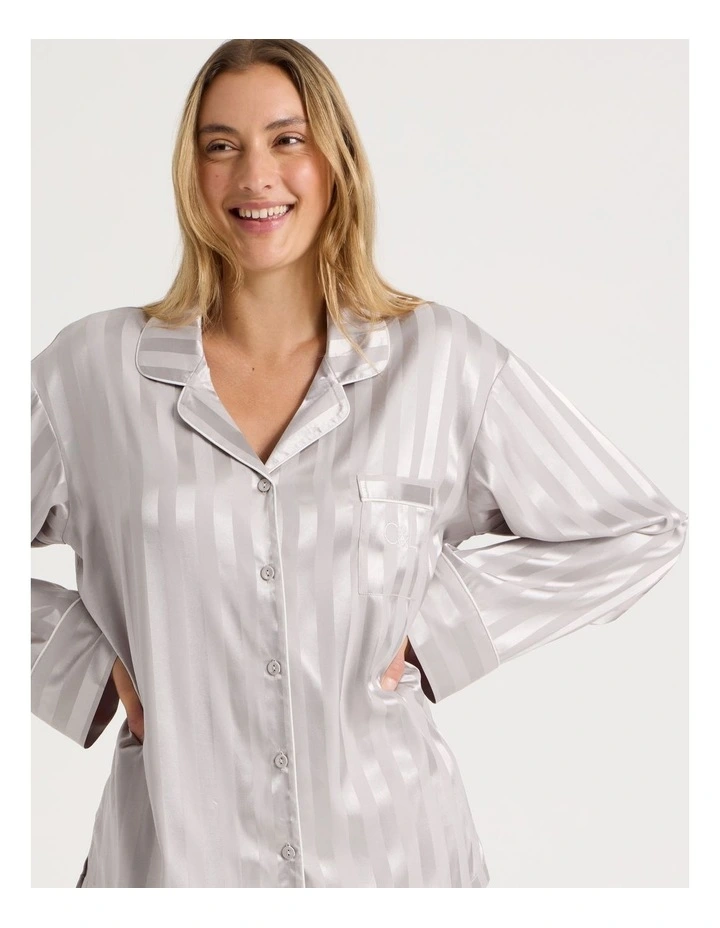 Luxe Satin Jacquard Stripe Long Sleeve Long PJ Set in Oyster image 2