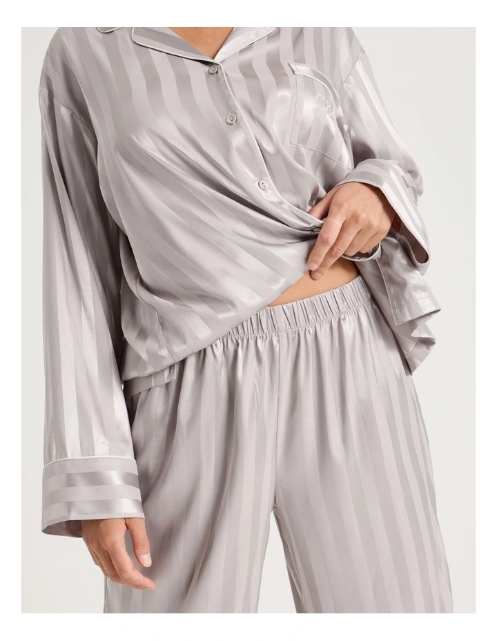 Luxe Satin Jacquard Stripe Long Sleeve Long PJ Set in Oyster image 3