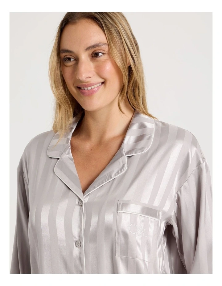 Luxe Satin Jacquard Stripe Long Sleeve Long PJ Set in Oyster image 5