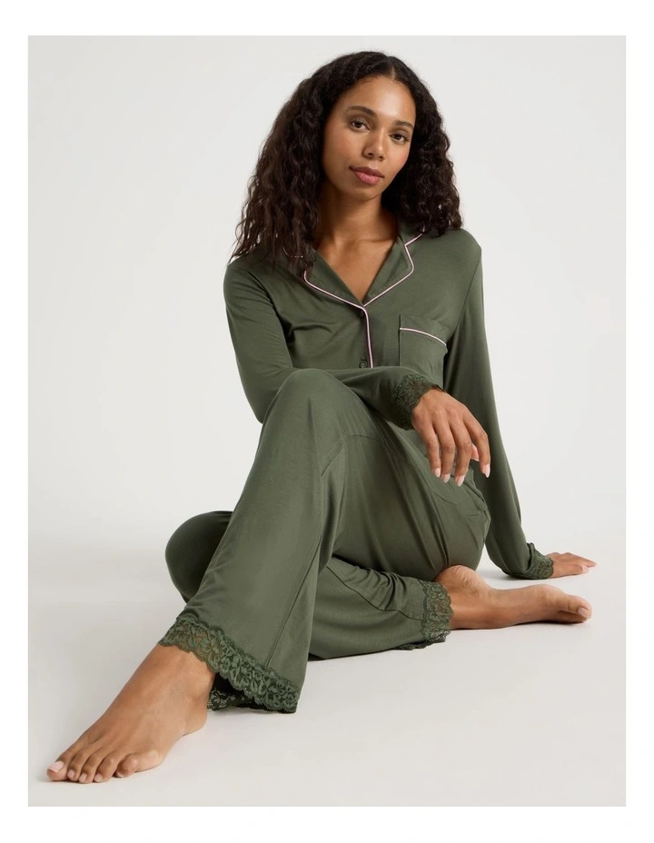 Pure Comfort Lace Trim Long Sleeve Long PJ Set in Olive image 1