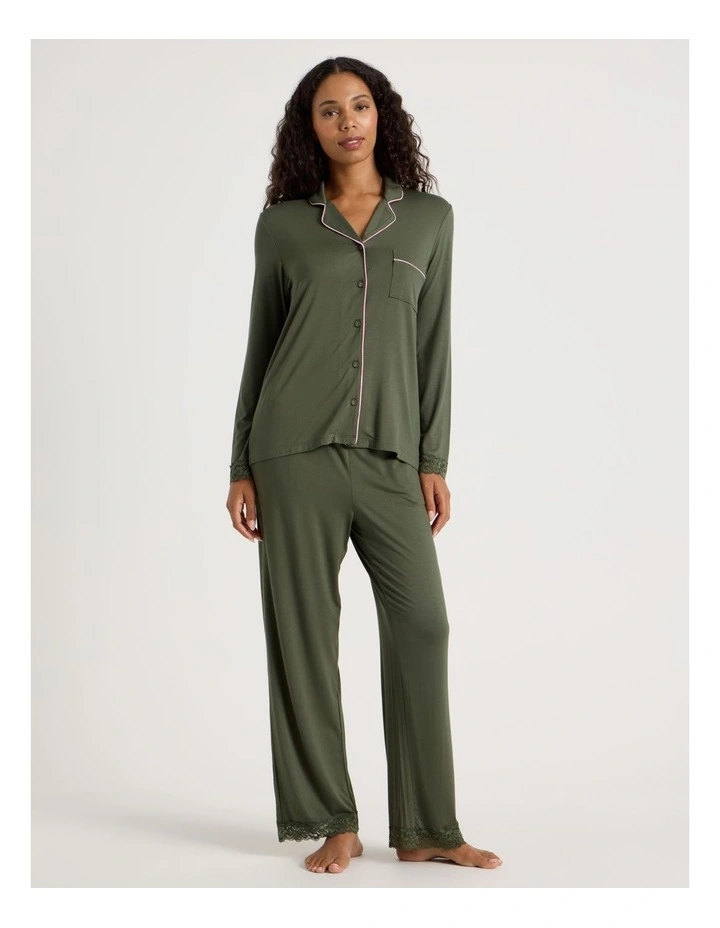 Pure Comfort Lace Trim Long Sleeve Long PJ Set in Olive image 2