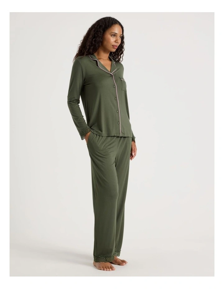 Pure Comfort Lace Trim Long Sleeve Long PJ Set in Olive image 3
