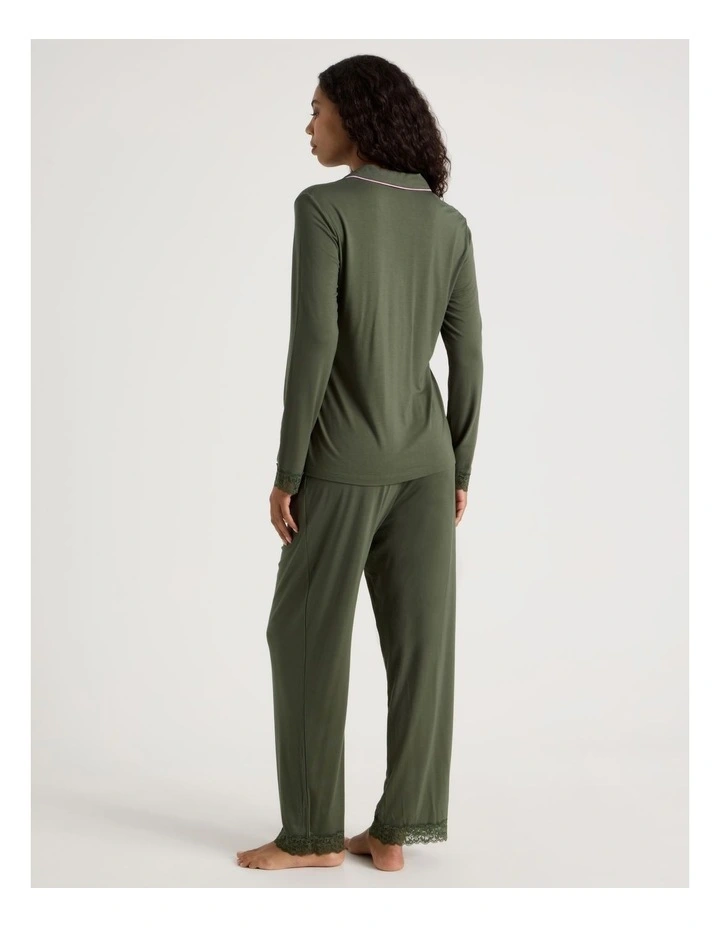 Pure Comfort Lace Trim Long Sleeve Long PJ Set in Olive image 5