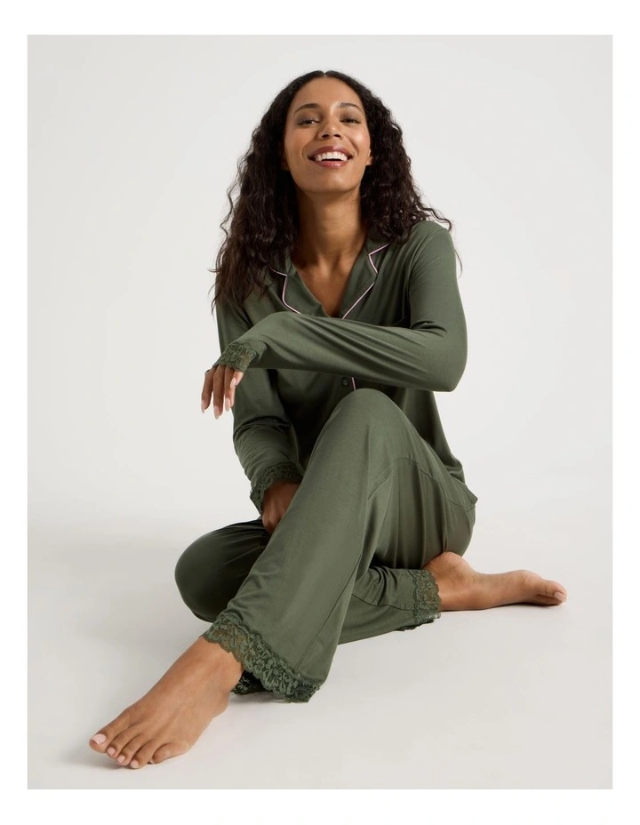 Pure Comfort Lace Trim Long Sleeve Long PJ Set in Olive image 7