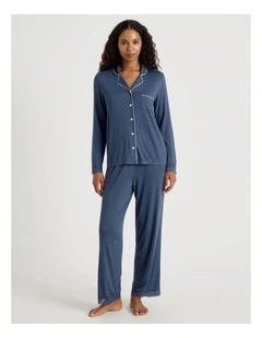 Pure Comfort Lace Trim Long Sleeve Long PJ Set in Indigo