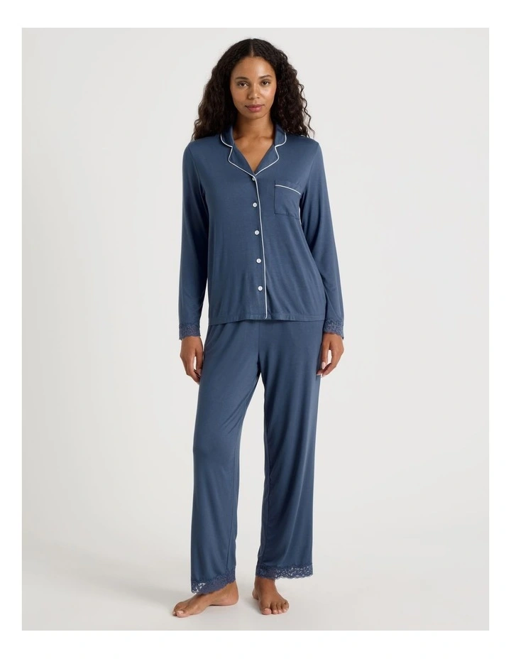 Pure Comfort Lace Trim Long Sleeve Long PJ Set in Indigo image 1
