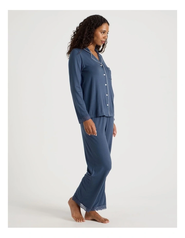 Pure Comfort Lace Trim Long Sleeve Long PJ Set in Indigo image 2