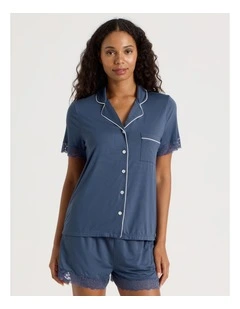 Pure Comfort Lace Trim Short Sleeve Short PJ Set in Indigo