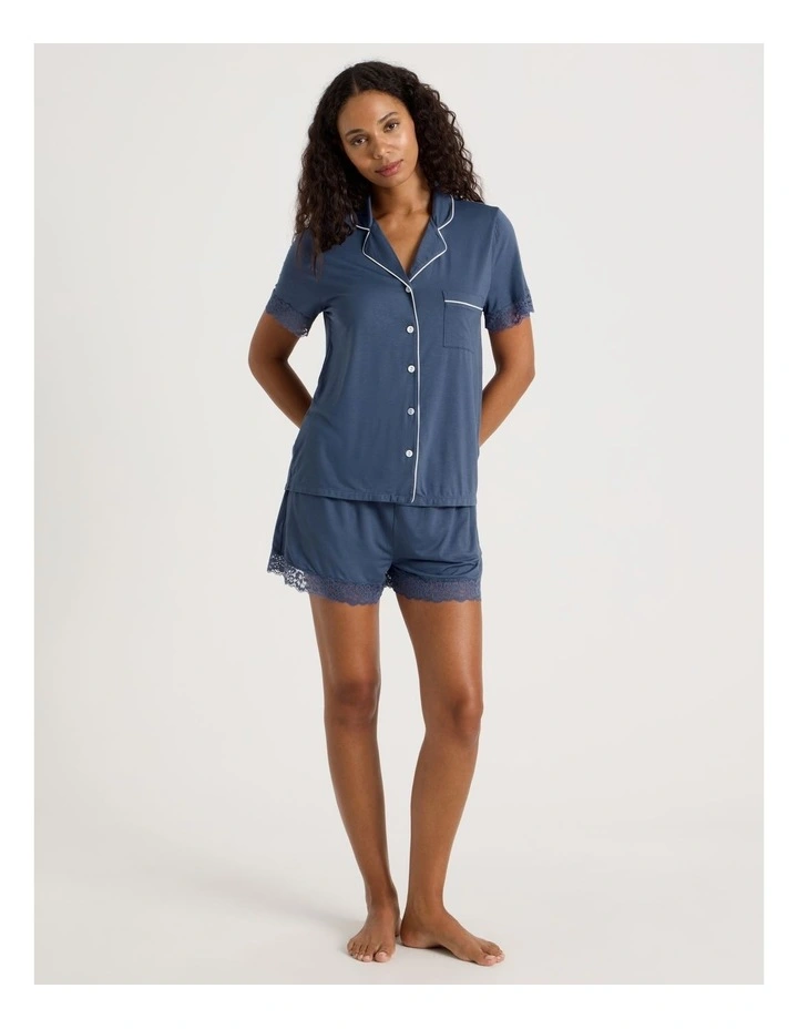 Pure Comfort Lace Trim Short Sleeve Short PJ Set in Indigo image 2