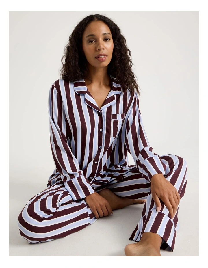 Serene Viscose Long Sleeve PJ Set in Burnt Fig Stripe Print image 1
