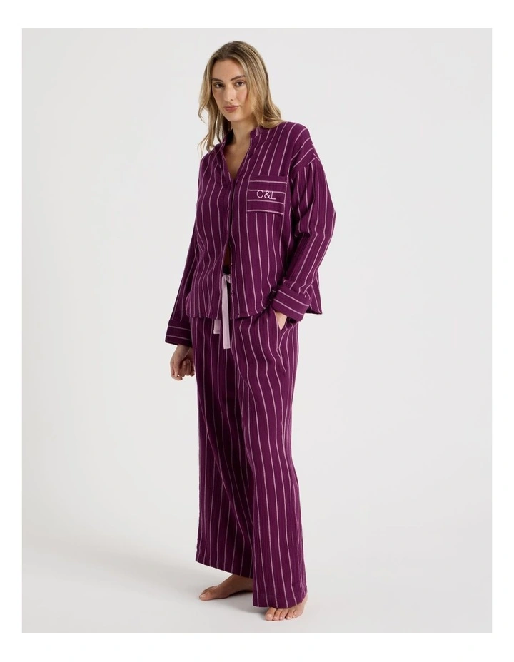 Divine Cheesecloth Mandarin Long Sleeve Long PJ Set in Magenta Y/D Stripe image 2