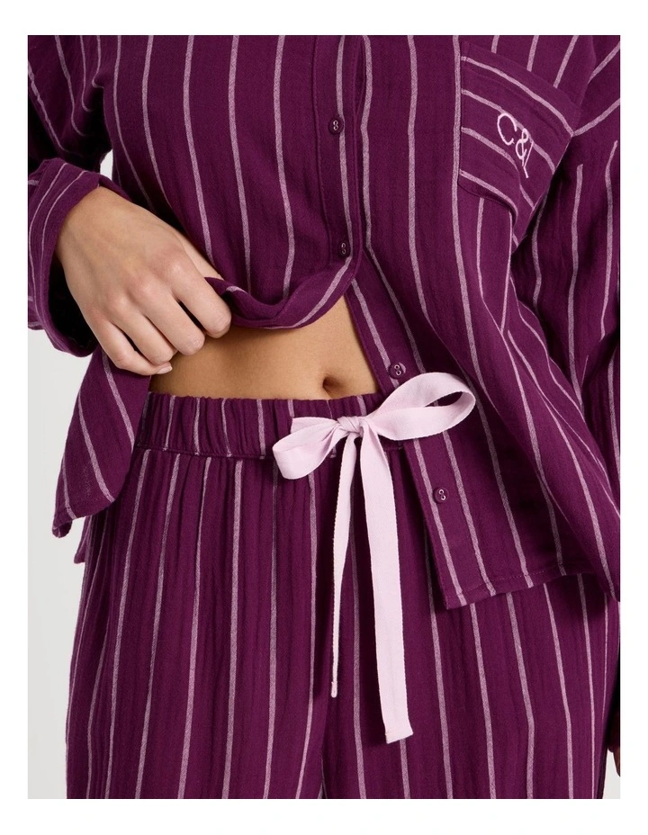 Divine Cheesecloth Mandarin Long Sleeve Long PJ Set in Magenta Y/D Stripe image 3