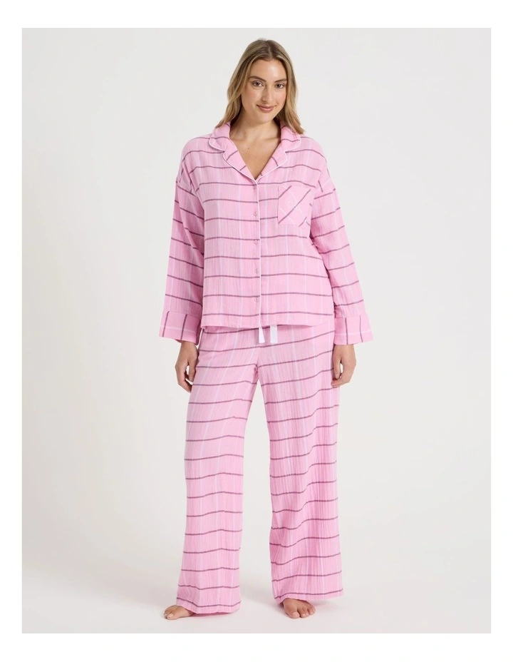 Divine Cheesecloth Long Sleeve Long PJ Set in Pink Check Print image 1