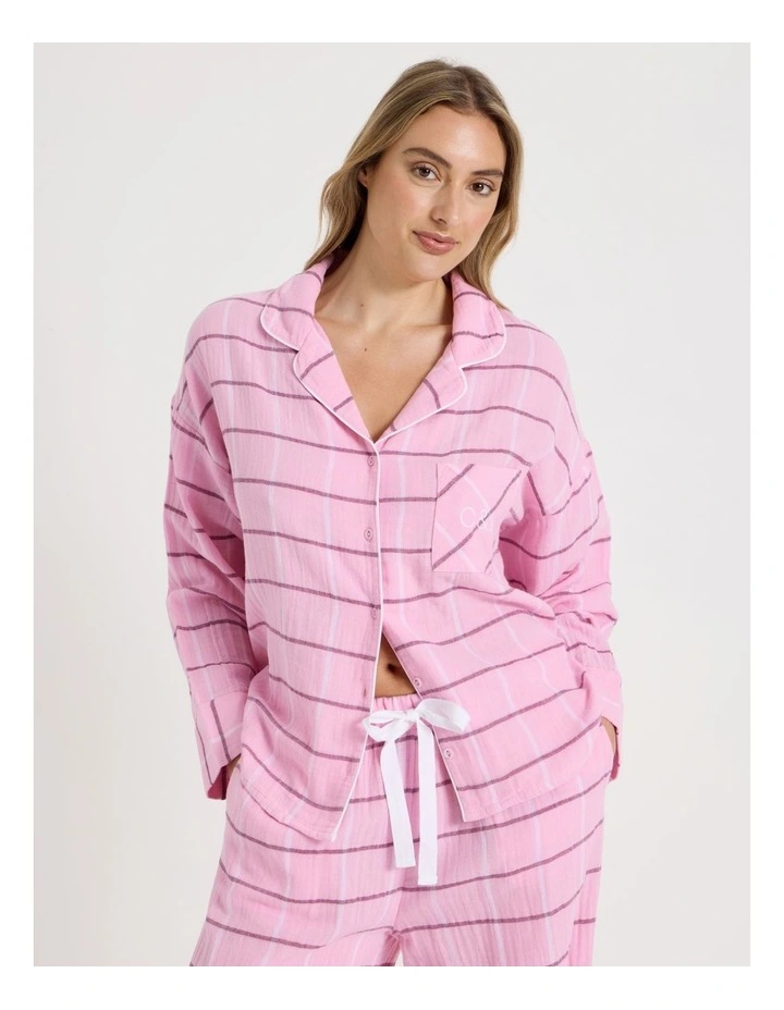 Divine Cheesecloth Long Sleeve Long PJ Set in Pink Check Print image 2