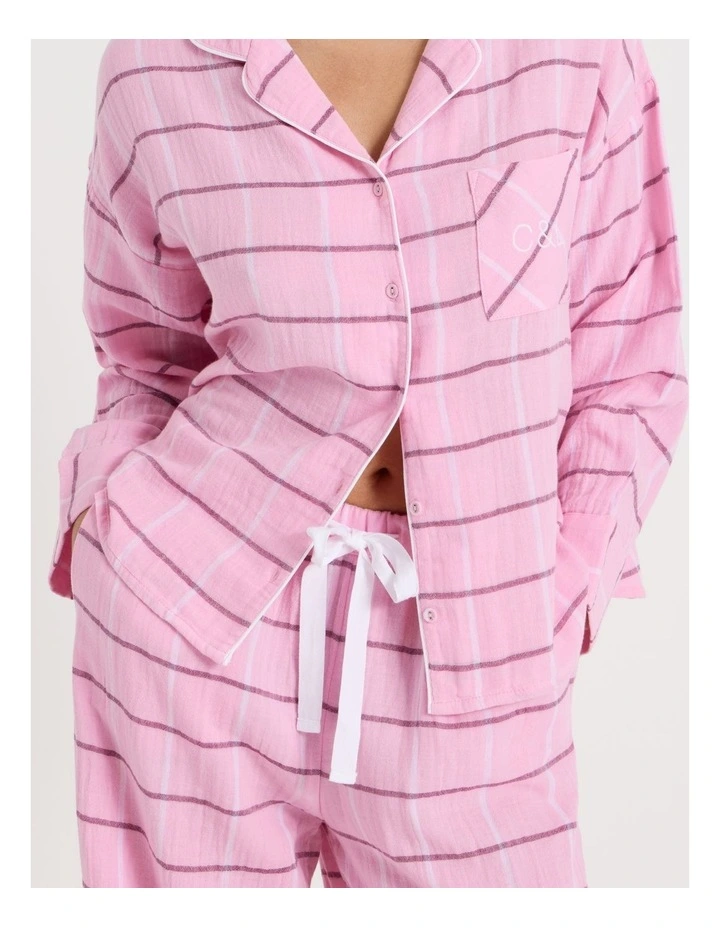 Divine Cheesecloth Long Sleeve Long PJ Set in Pink Check Print image 3