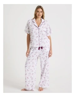 Divine Cheesecloth Short Sleeve Long PJ Set in Embroidered Floral Print