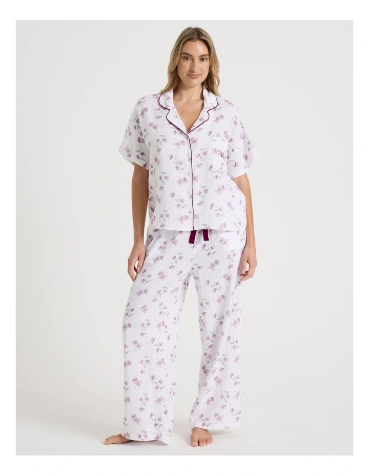 Divine Cheesecloth Short Sleeve Long PJ Set in Embroidered Floral Print image 1