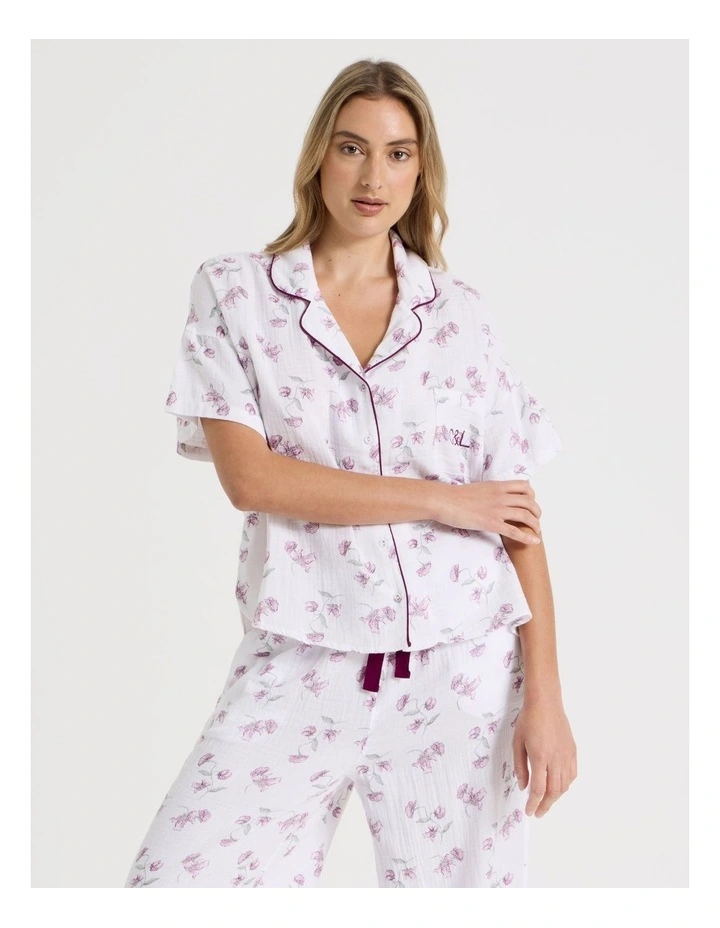 Divine Cheesecloth Short Sleeve Long PJ Set in Embroidered Floral Print image 2