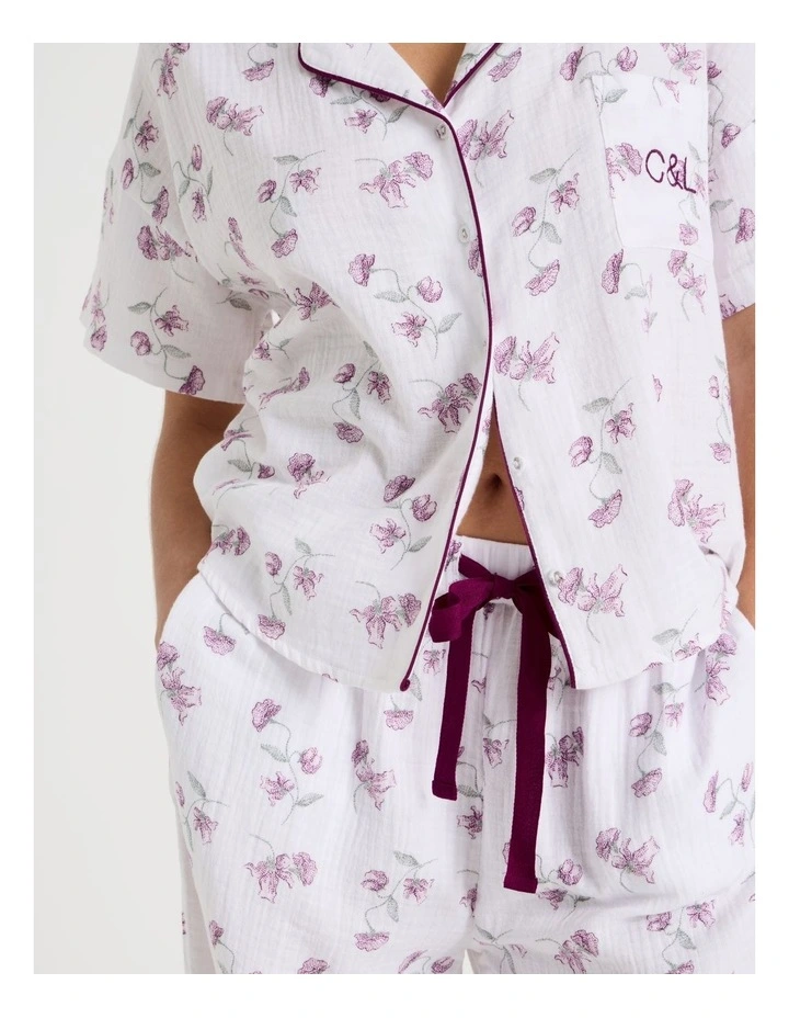 Divine Cheesecloth Short Sleeve Long PJ Set in Embroidered Floral Print image 3