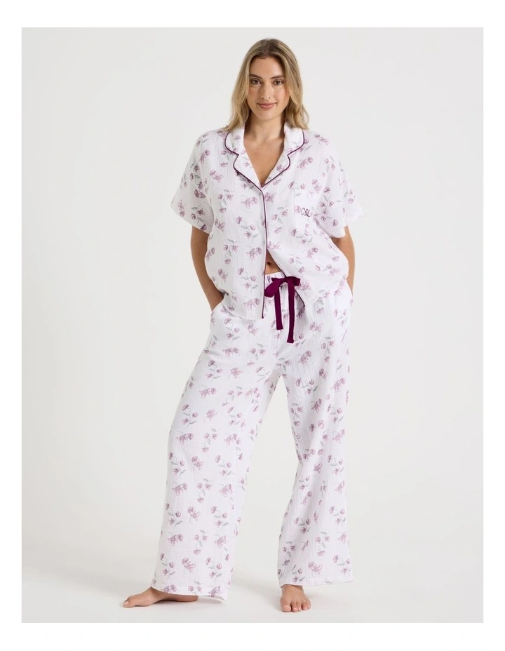 Divine Cheesecloth Short Sleeve Long PJ Set in Embroidered Floral Print image 4