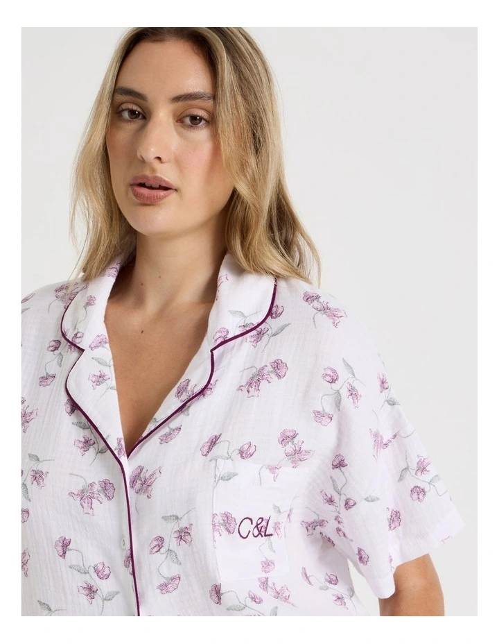 Divine Cheesecloth Short Sleeve Long PJ Set in Embroidered Floral Print image 5