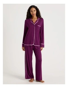 Pure Comfort Binding Long Sleeve Long PJ Set in Magenta