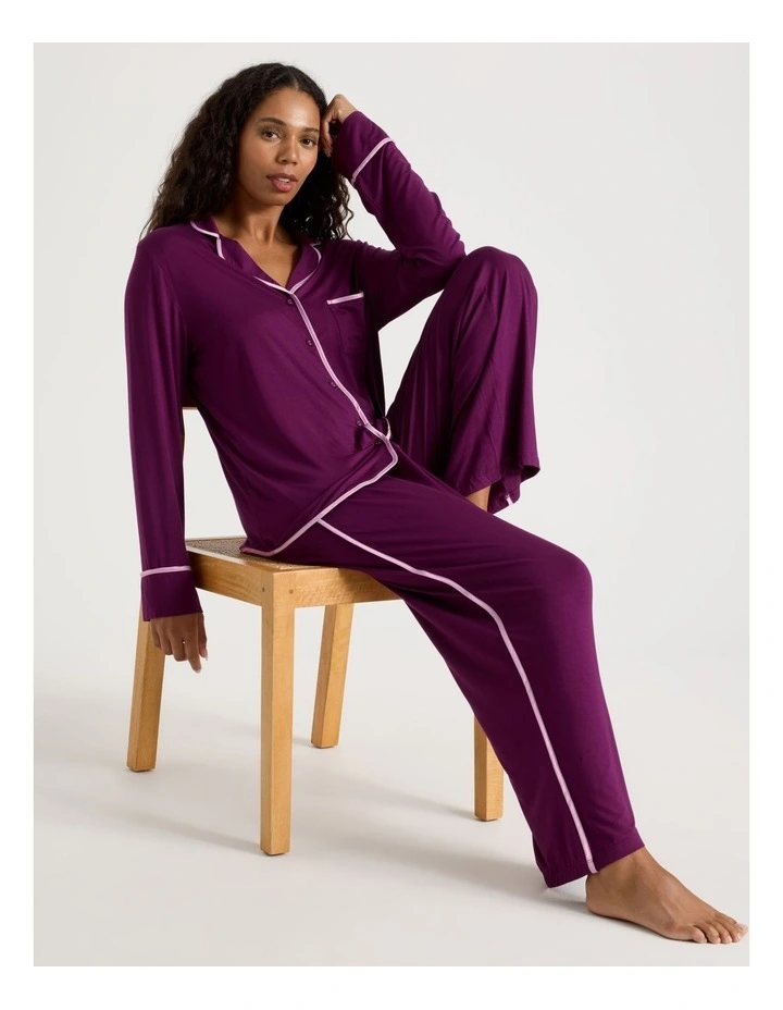 Pure Comfort Binding Long Sleeve Long PJ Set in Magenta image 2