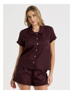 Divine Frill Short Sleeve Short PJ Set in Burnt Fig