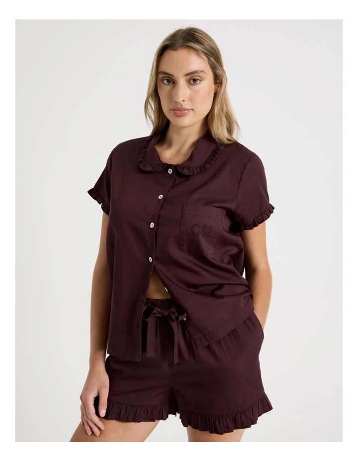 Divine Frill Short Sleeve Short PJ Set in Burnt Fig image 3