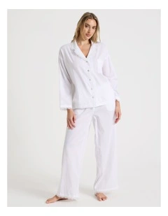 Divine Cotton & Lace Long Sleeve Long PJ Set in White